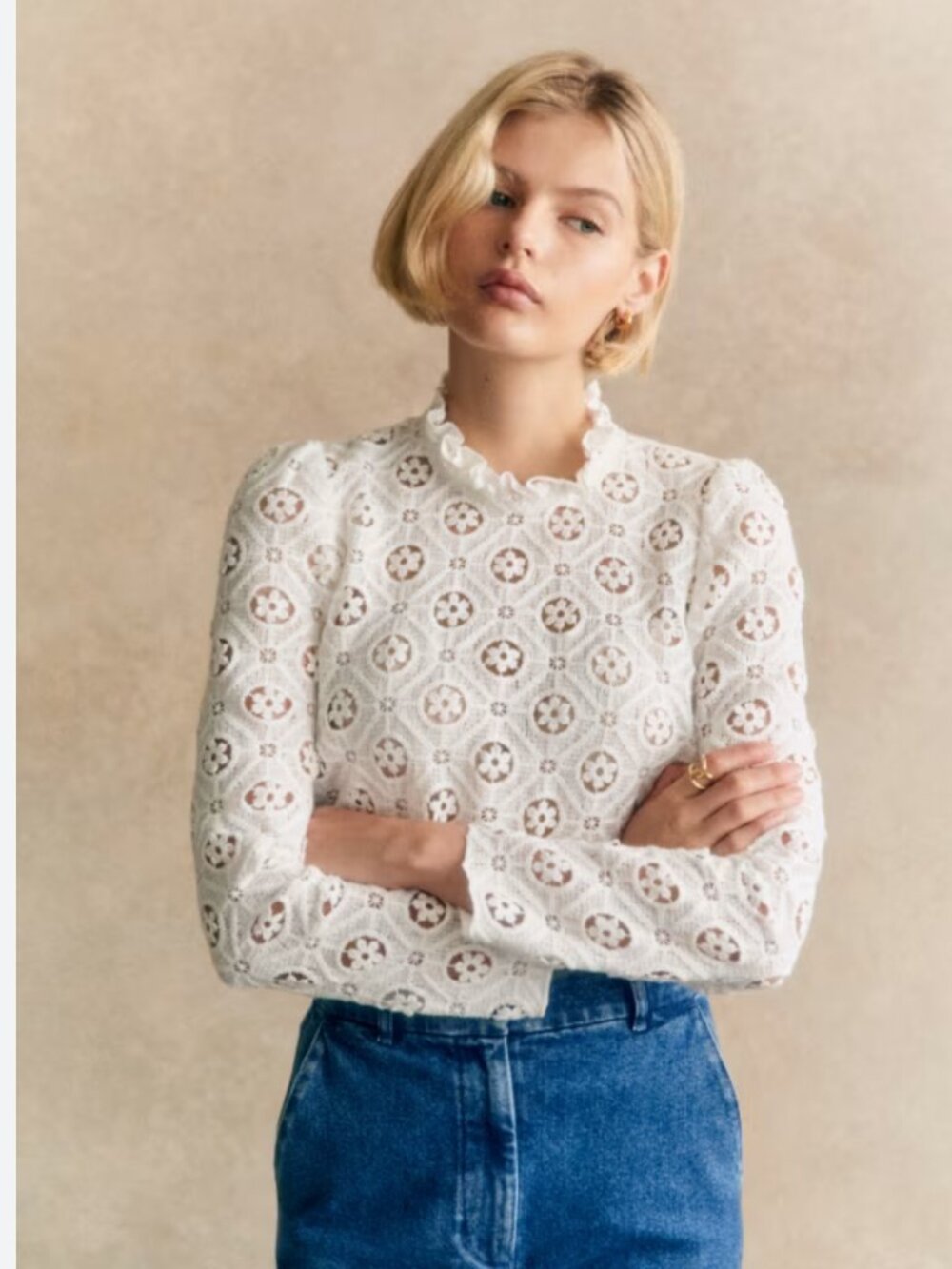 Sézane women's Florie lace, high neck ruffled, long sleeve, unlined blouse sz 12